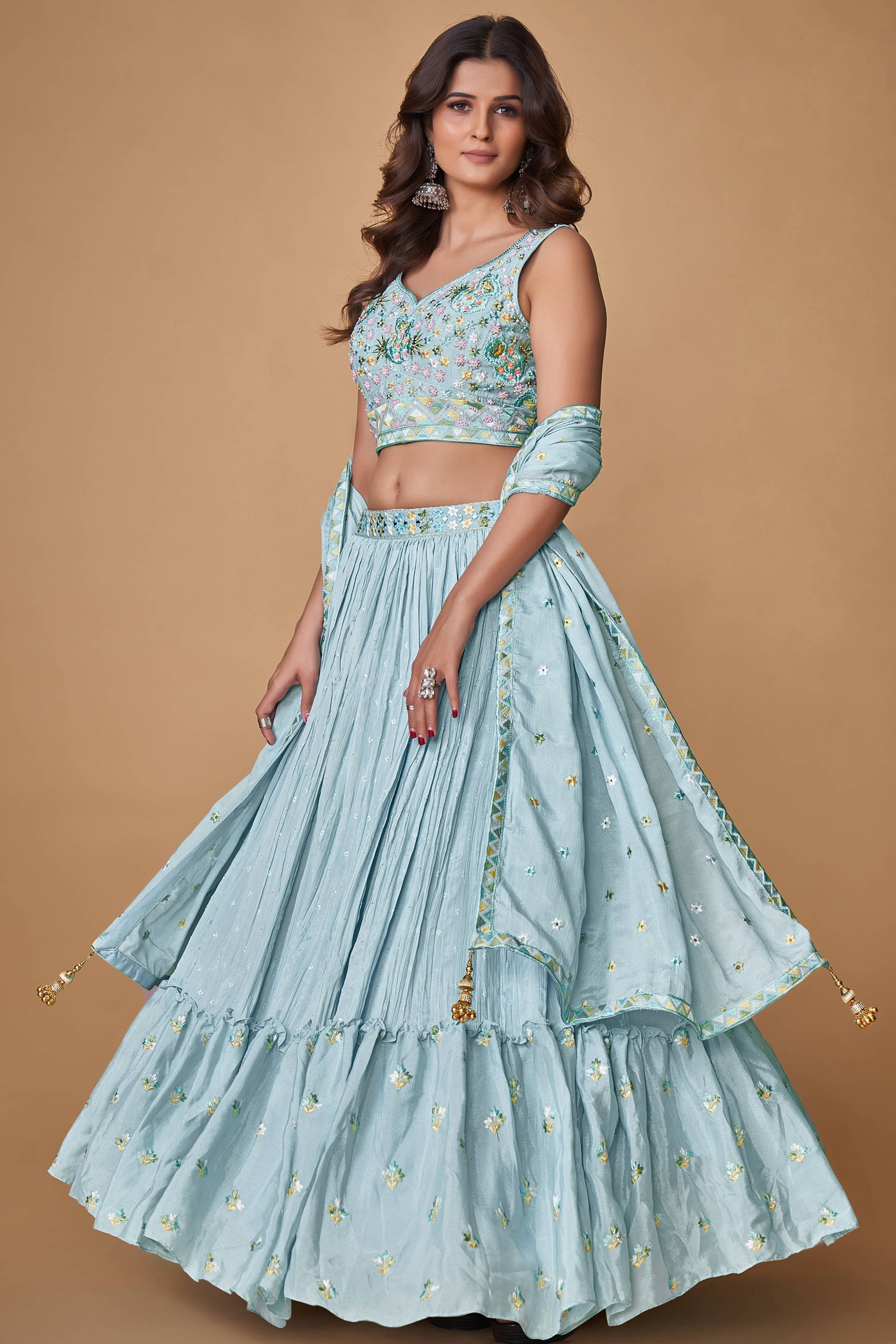 Powder Blue Thread Work Chiffon Silk Engagement Wear Lehenga Choli