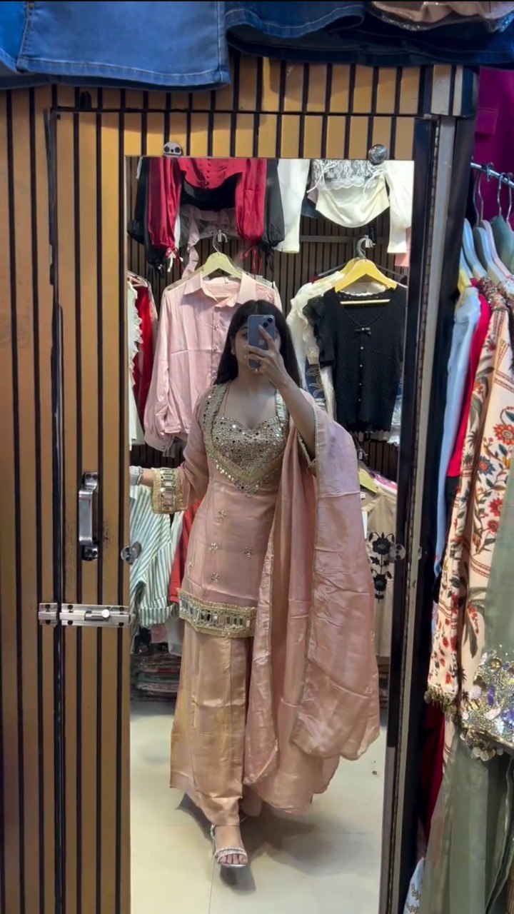 TRENDBUY Blush Pink 4-Piece Mirror Work Palazzo Suit for Women
