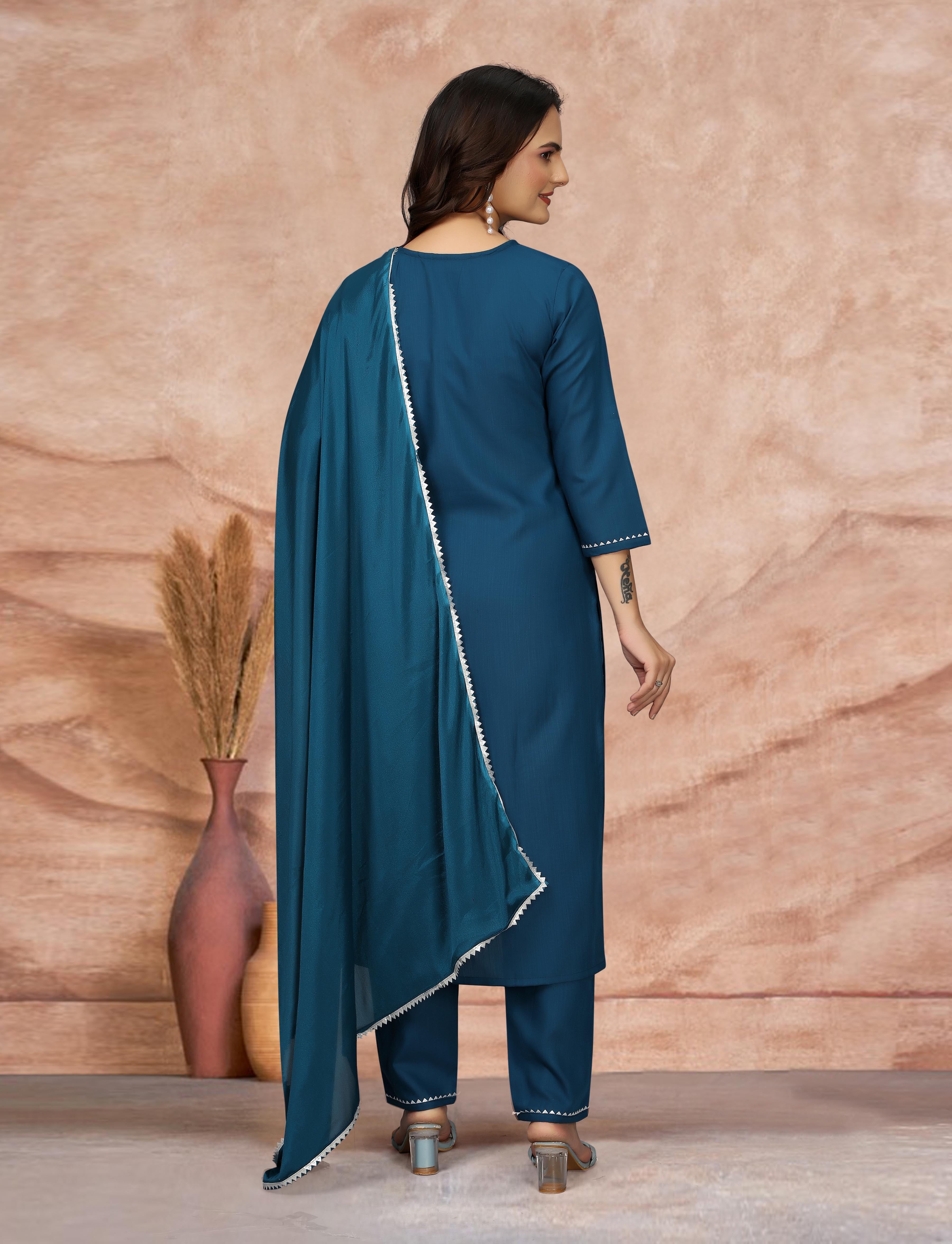 Back view of woman wearing teal blue embroidered kurti and pant with silk dupatta.