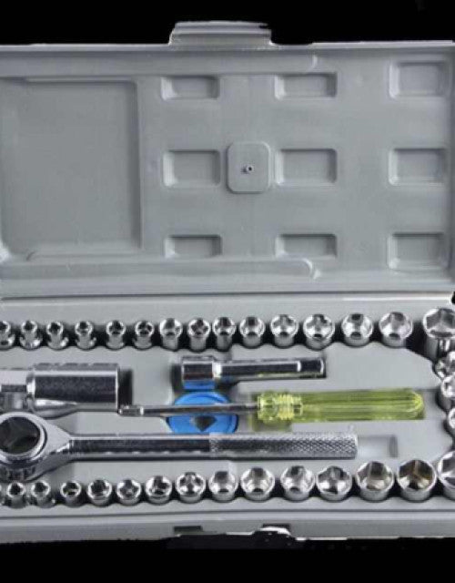Open 40 Piece Drive Socket Set showing 1/4 & 3/8 inch sockets, ratchets & extensions neatly organized in its storage case.
