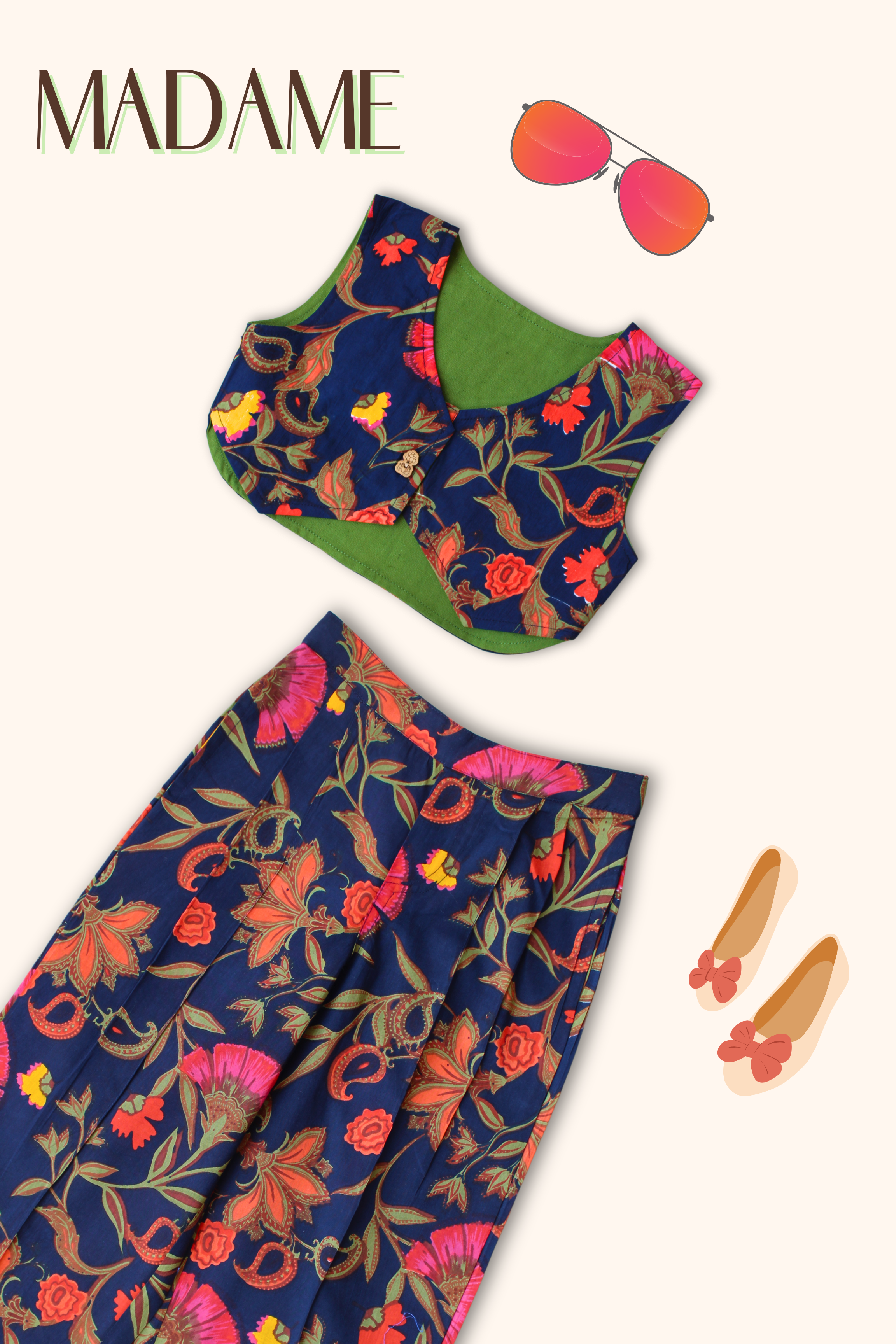 Girls Madame Printed Waist Coat and Pleated Pants set - Blue
