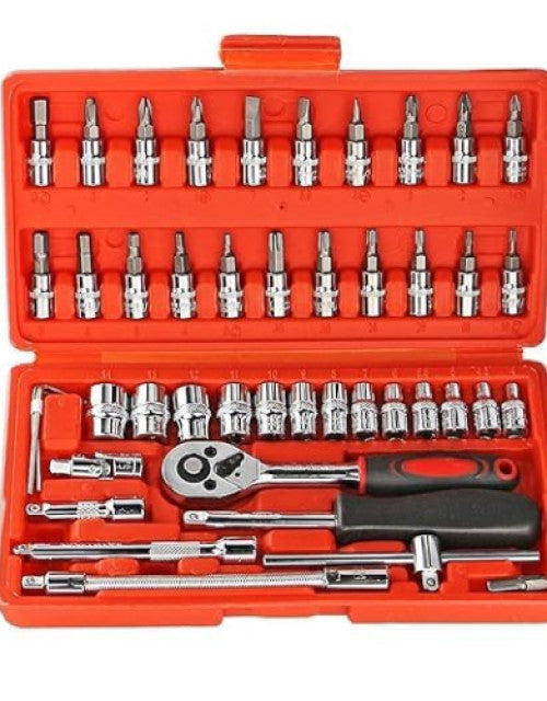46 in 1 multi-purpose tool kit with screwdrivers, precision sockets, and combination tool case.