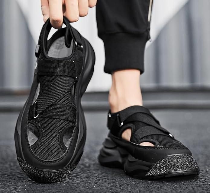 Black chunky sole sandals being worn on a neutral background