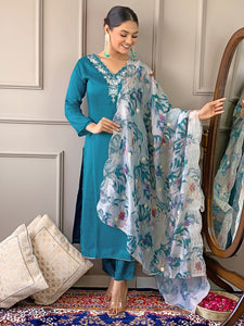 TRENDBUY D468 Viscose Chanderi Embroidered Kurti Set with Pant & Dupatta