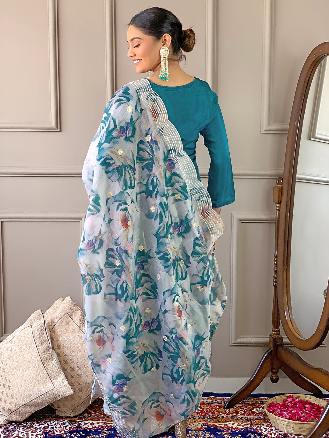 Back view of TRENDBUY D468 Rama green kurti set, highlighting the graceful drape of the floral Chanderi dupatta.