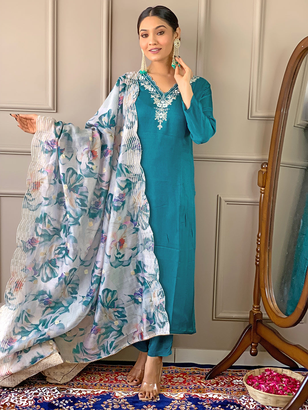 Model posing elegantly with TRENDBUY D468 Rama green kurti set, dupatta draped over one arm, showcasing its flow.