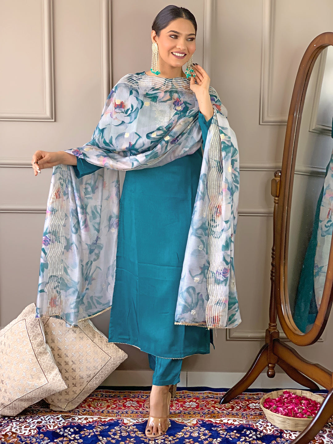 Front view of TRENDBUY D468 Rama green kurti set, model gracefully draping the floral Chanderi dupatta.