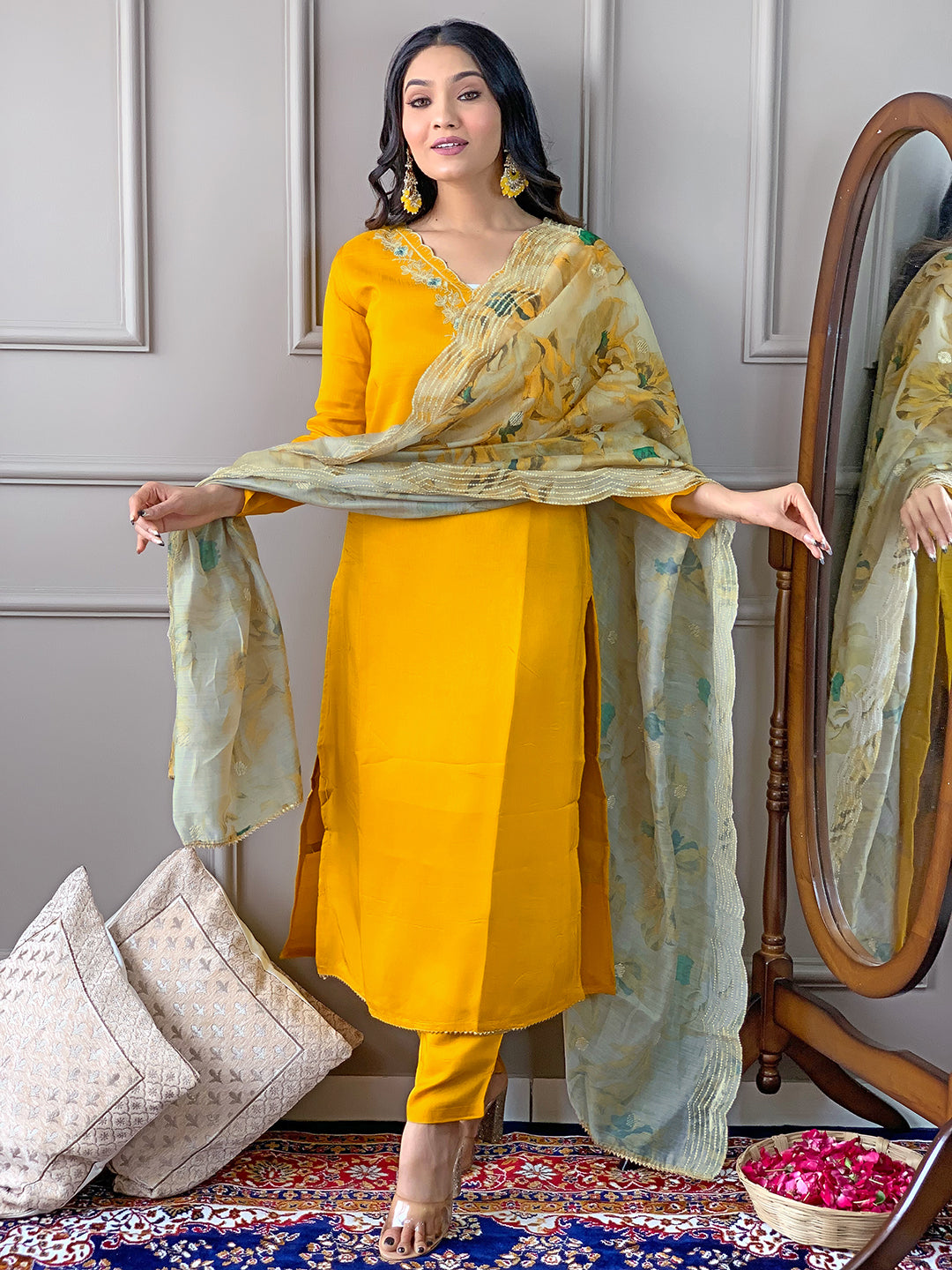 Model presenting TRENDBUY D468 Yellow kurti set with matching pant and an elegant floral Chanderi dupatta.