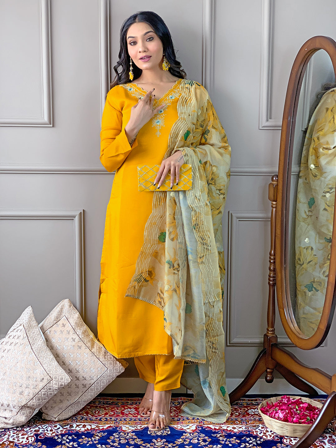 Full view of model in TRENDBUY D468 Yellow kurti set, clutching a bag and showcasing the complete stunning outfit.