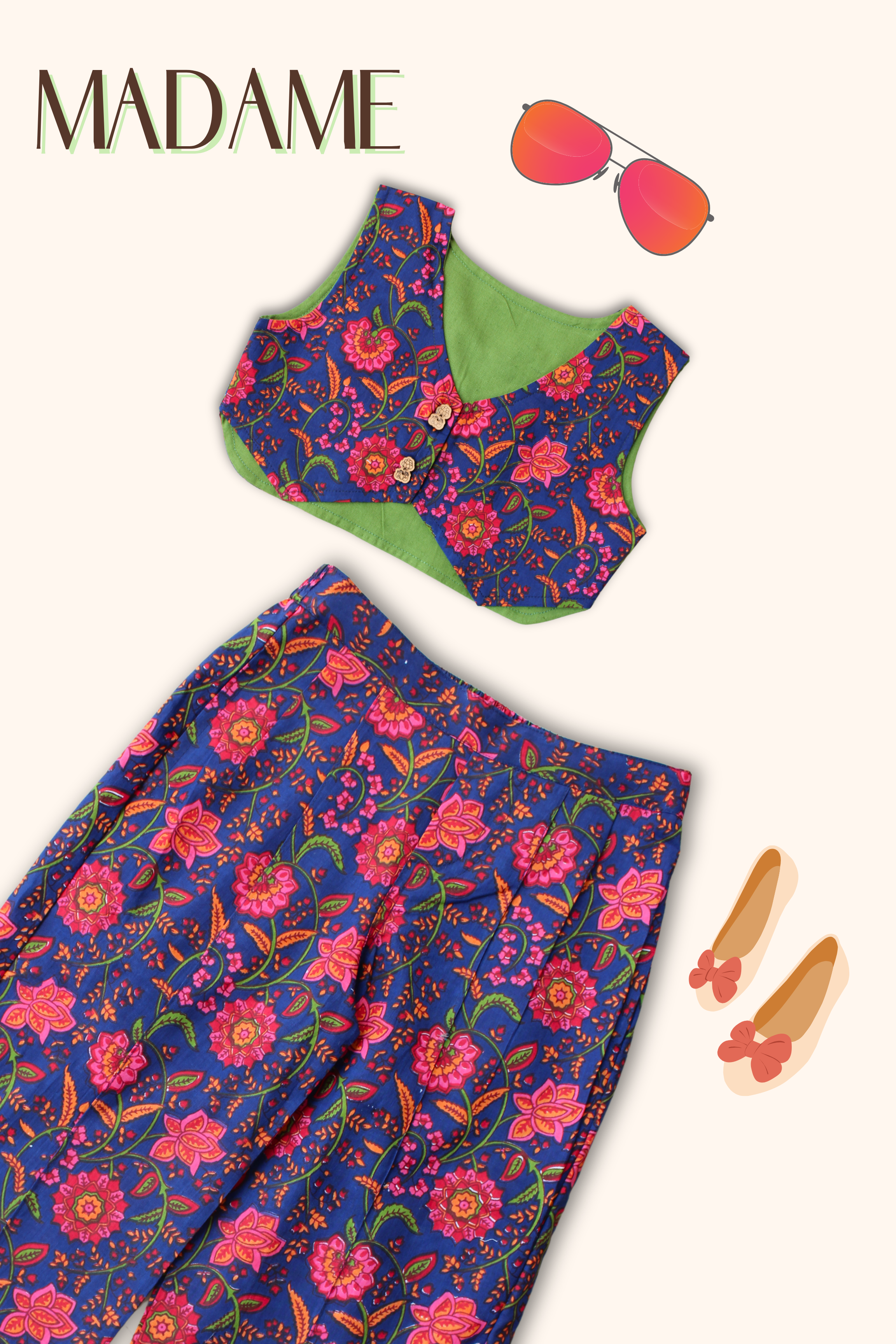Girls Madame Printed Waist Coat and Pleated Pants set - Off white Blue & Pink