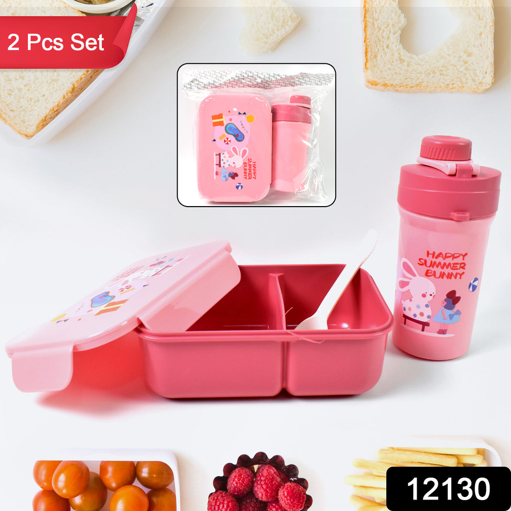 Mix color plastic leak-proof lunch box with 2 compartments, a bottle, and a fork.