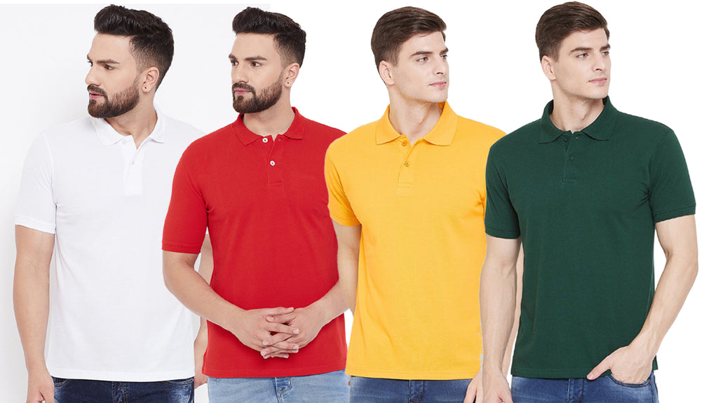 Pack of 4 solid cotton blend men's half-sleeve polo neck t-shirts