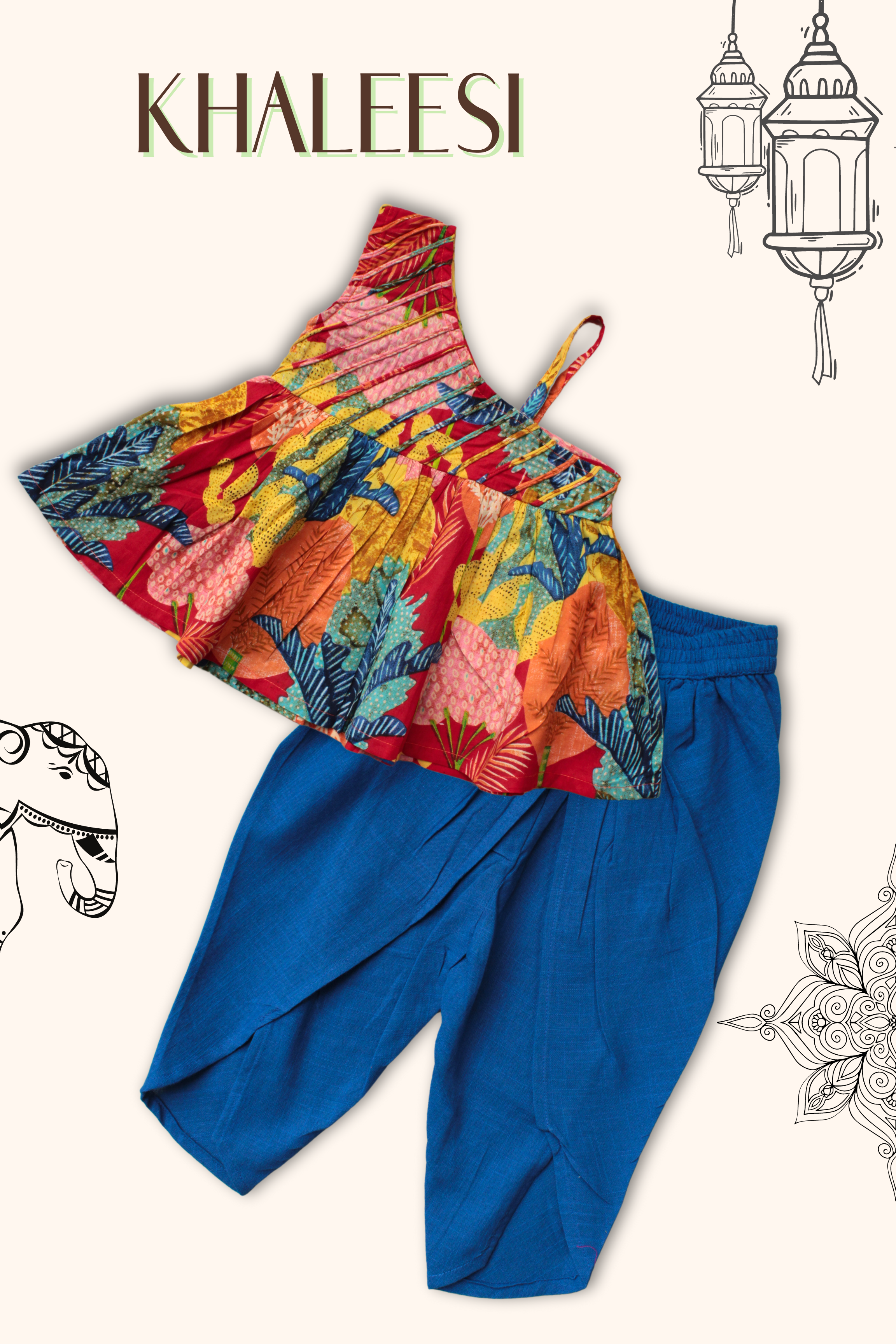 Girls Khaleesi Pure Cotton Ethnic Clothing set - Green Blue
