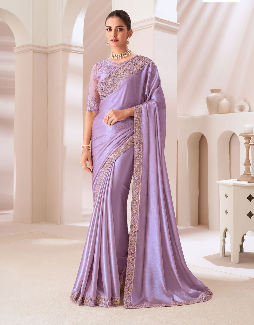 Elegant Sartin Chiffon fabric with beautiful drape, ideal for classic sarees.