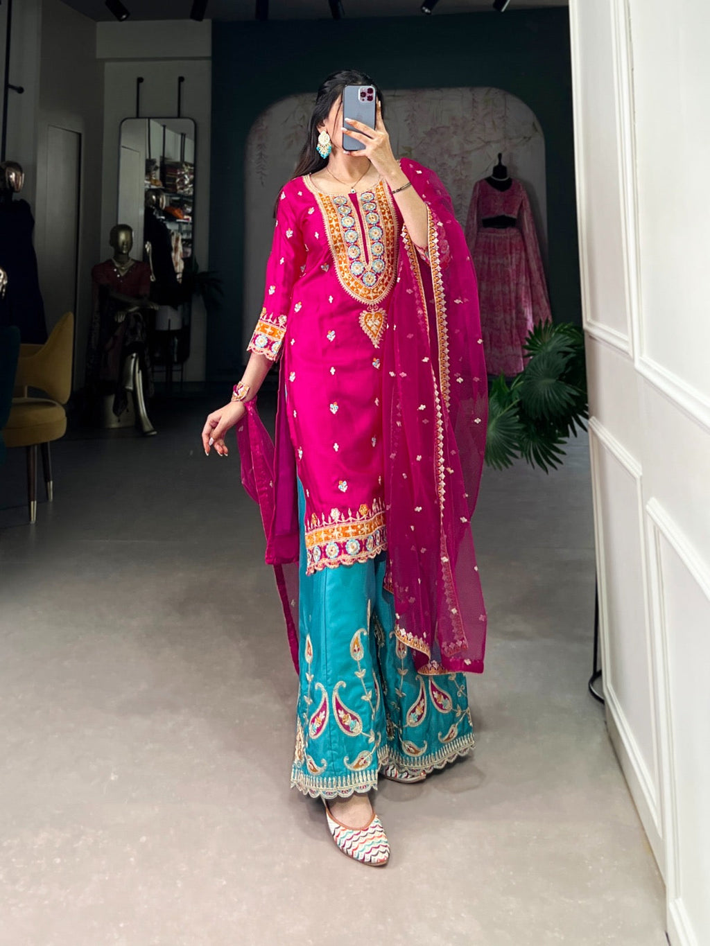 Ethnic Moonga Silk Dress Set with Embroidery Work