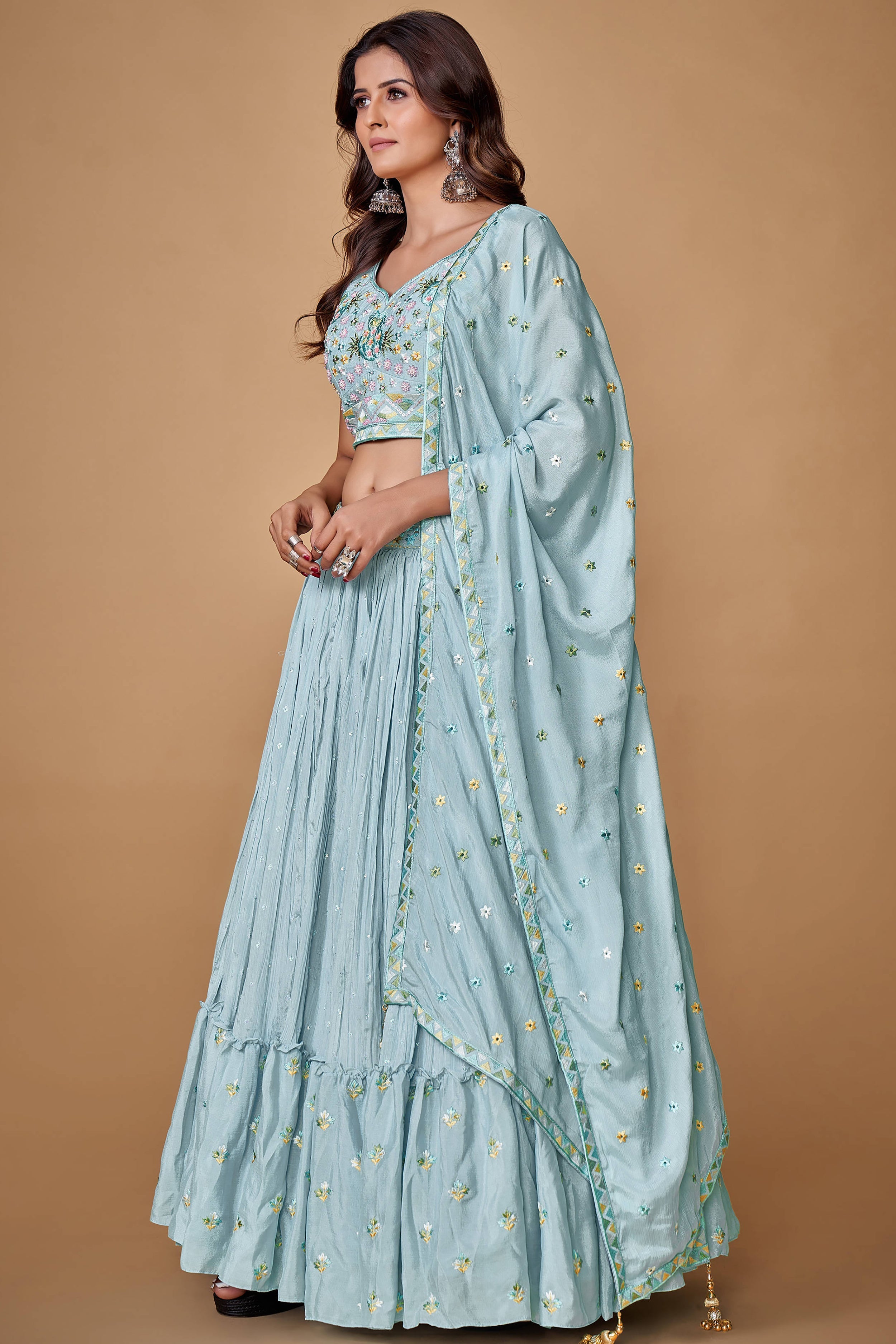 Powder Blue Thread Work Chiffon Silk Engagement Wear Lehenga Choli