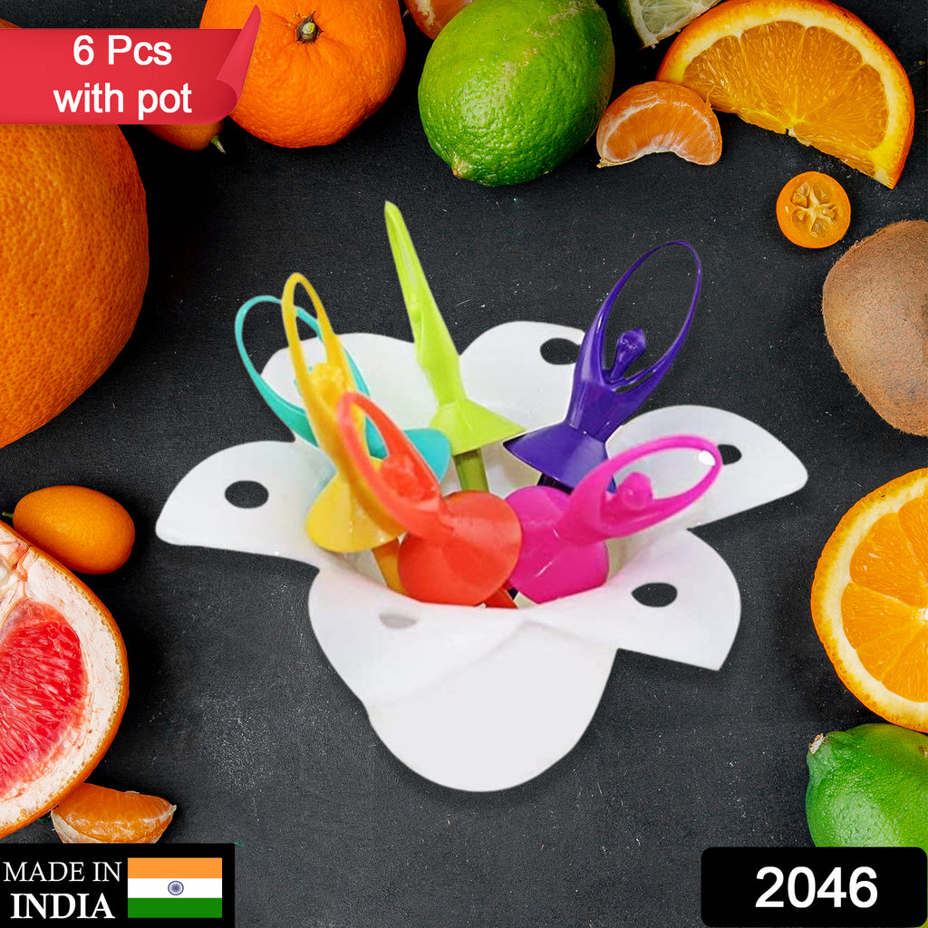 Dancing Doll fruit fork cutlery set of 6 with colorful character tops & decorative stand.
