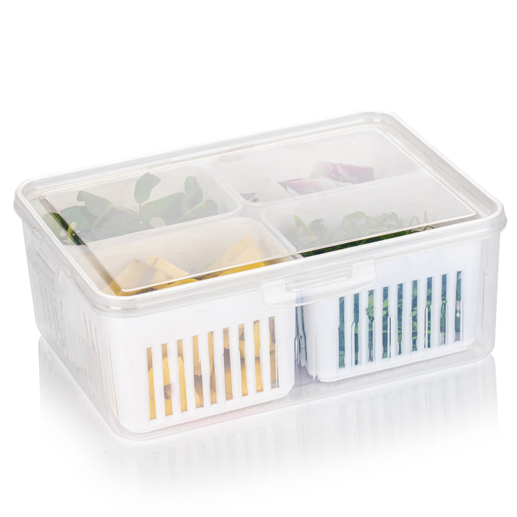 Close-up of the removable white draining tray inside a clear plastic container