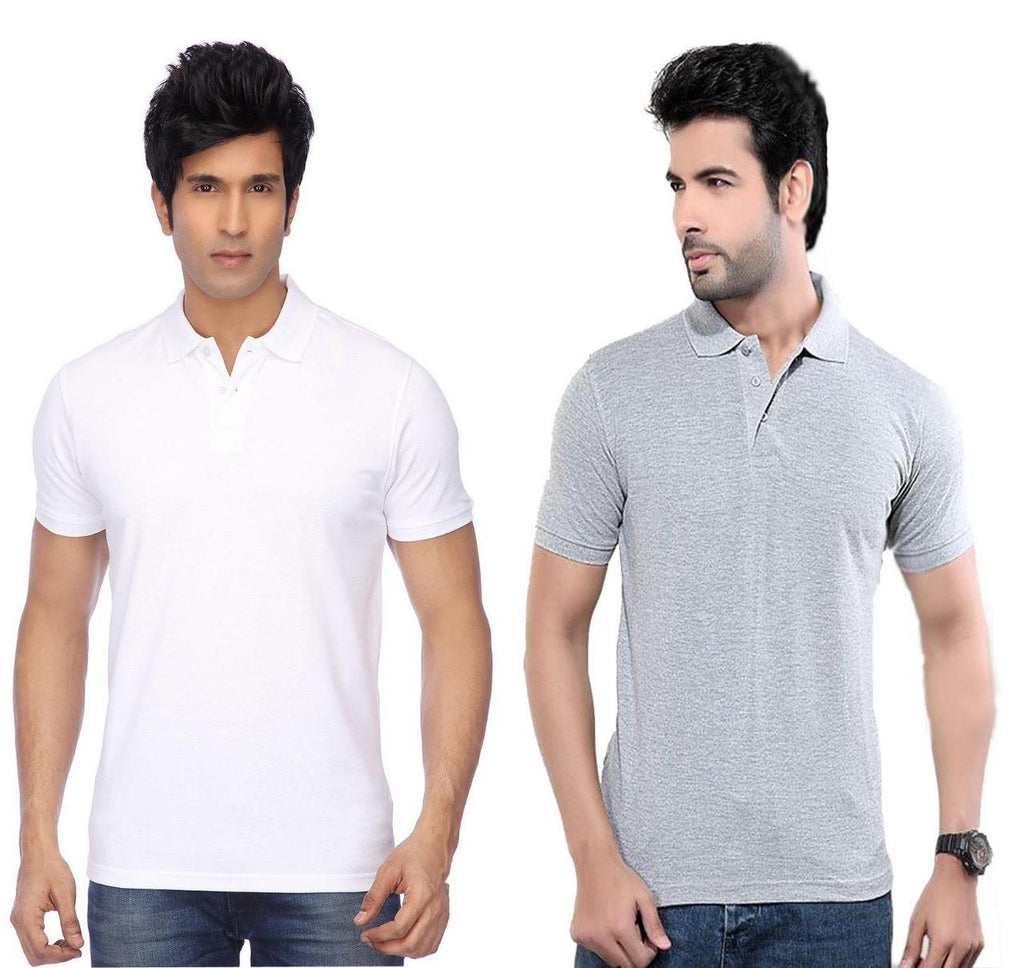Pack of 2 mens cotton blend solid half-sleeve polo neck t-shirts in sky blue & navy
