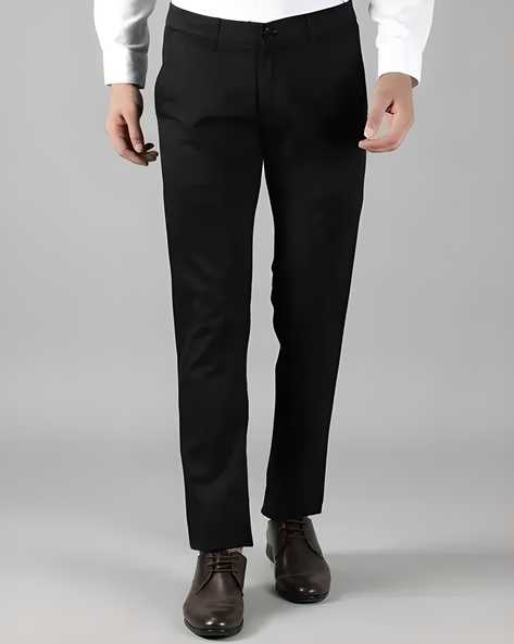 Dark men's Lycra stretchable formal trousers, demonstrating flexible and comfortable fit.