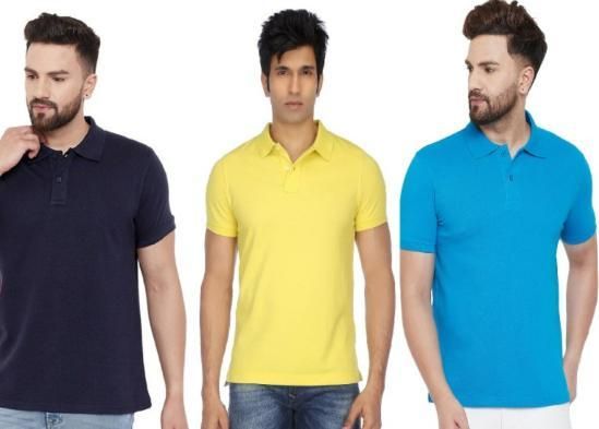 Pack of 3 cotton matty solid mens polo neck t-shirts in dark blue, light blue, and white.