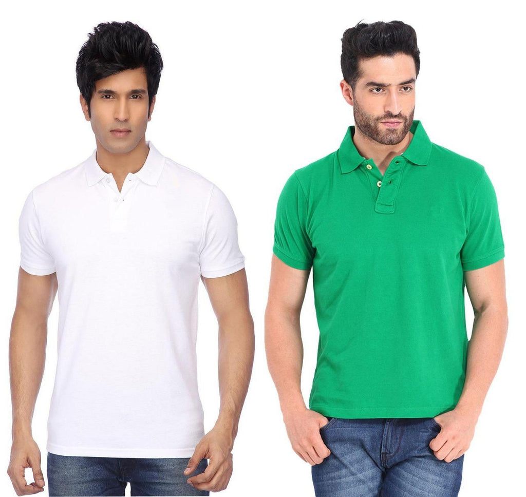 Pack of 2 mens cotton blend solid half sleeve polo neck t-shirts, blue and grey.