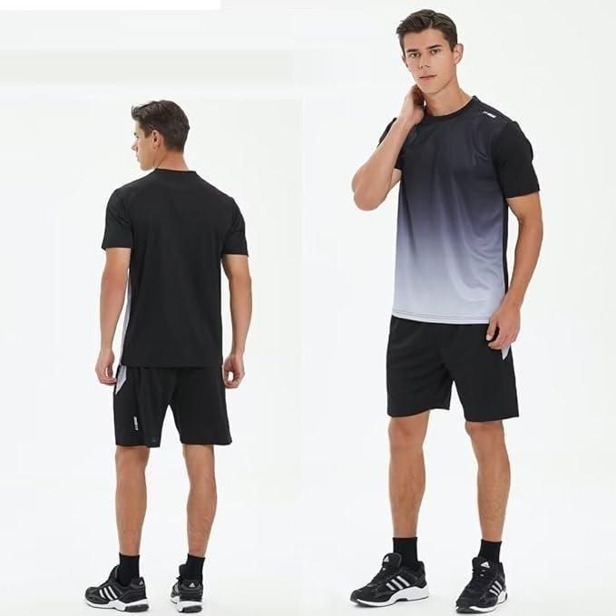 Model wearing the men's ombre gradient (black to grey) t-shirt and shorts activewear set