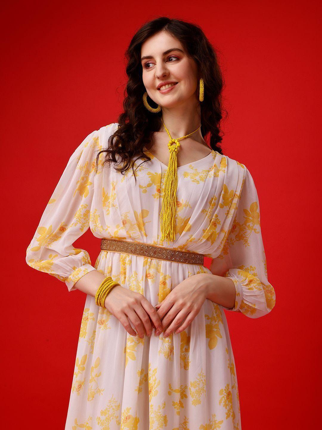 Georgette Printed Flared Midi Dress for Women - Plus Size in Yellow