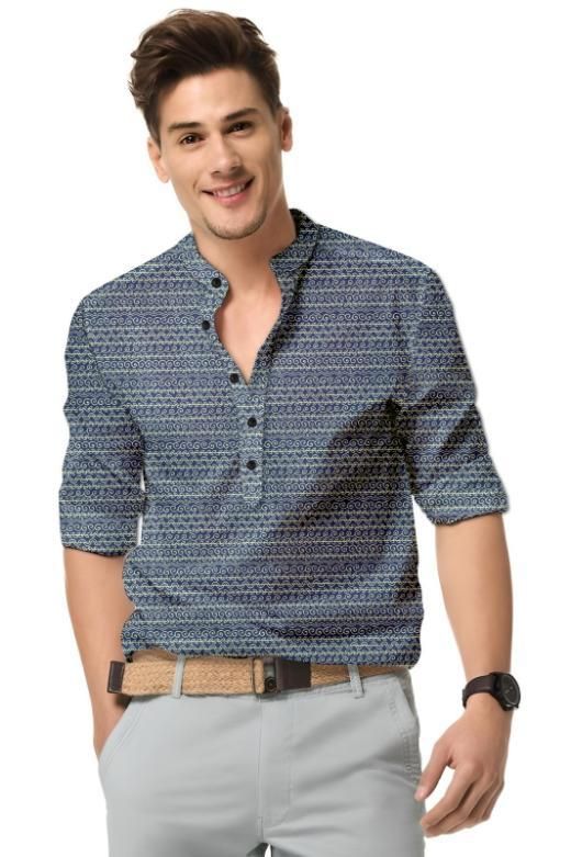 Men's navy blue printed casual shirt with spread collar