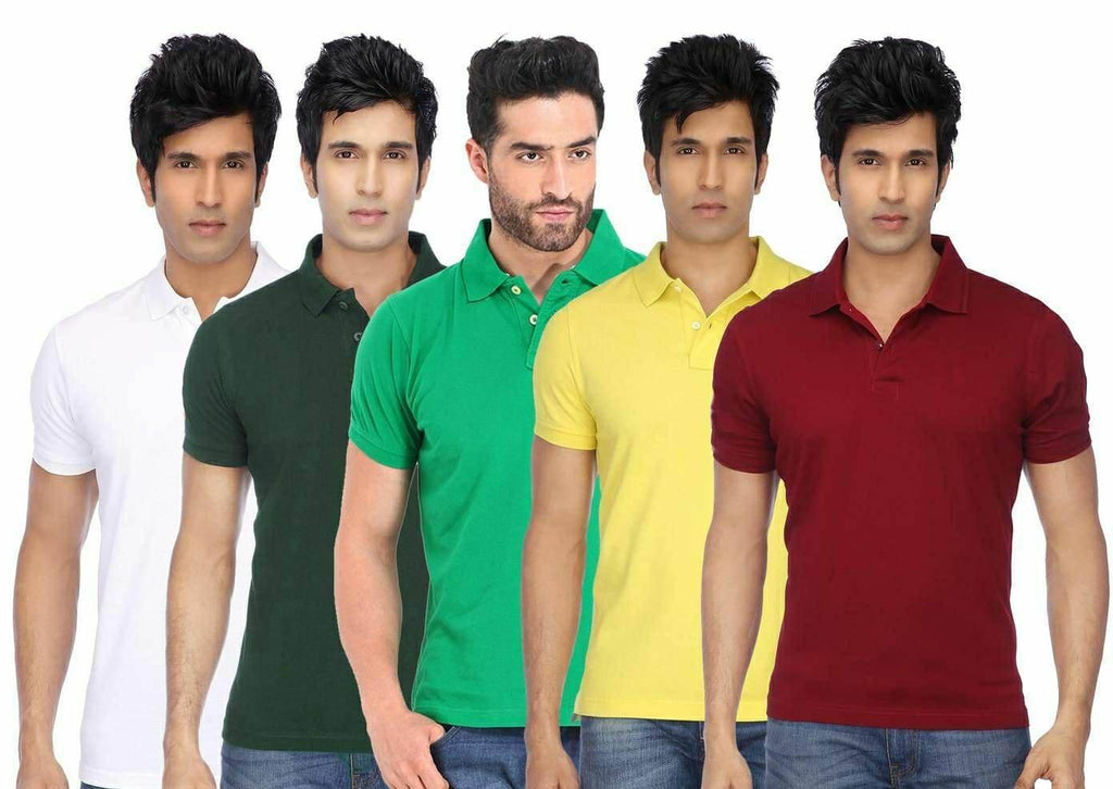 Pack of 5 poly-cotton men's solid half-sleeve polo t-shirts, multi-colored
