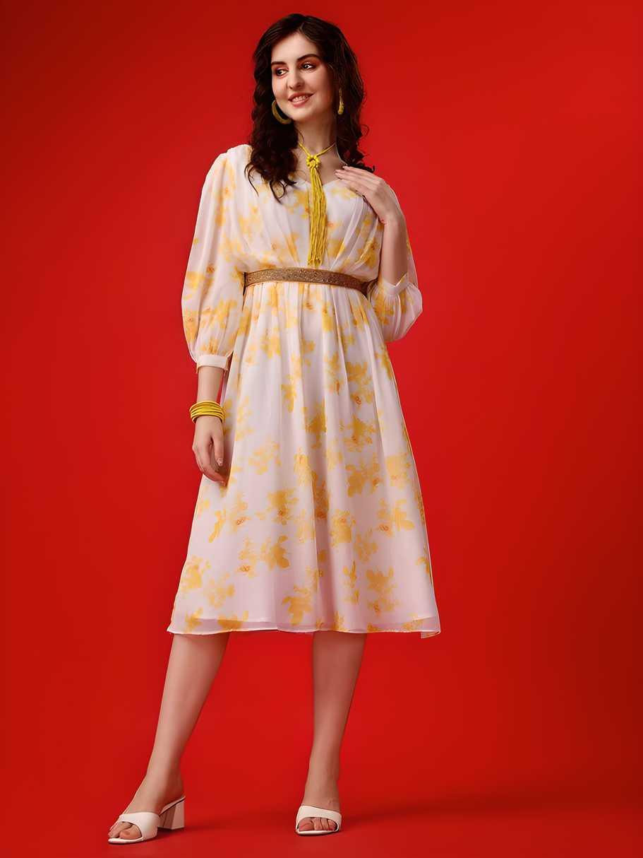 Georgette Printed Flared Midi Dress for Women - Plus Size in Yellow