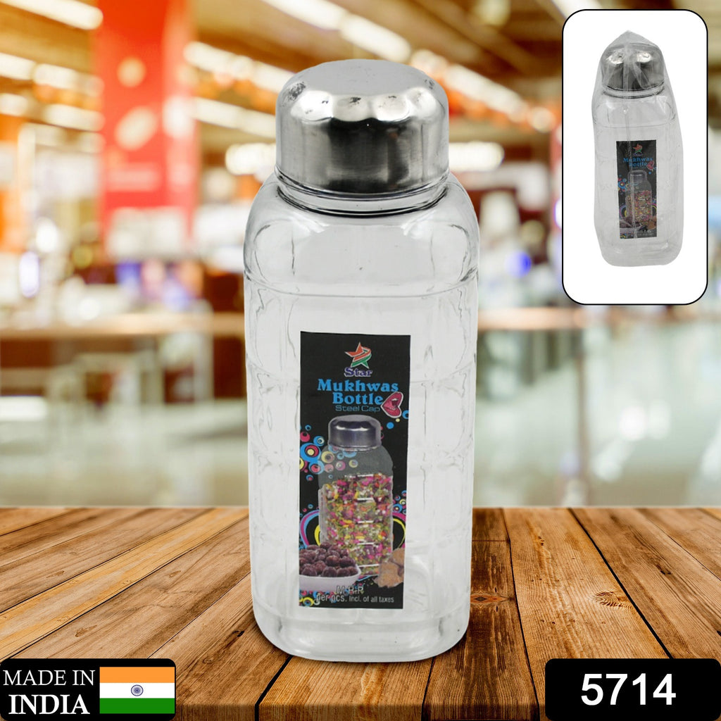 Transparent plastic mukhwas bottle with steel cap. BPA-free, airtight storage for mouth fresheners & dry fruits.
