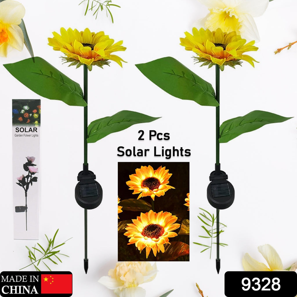 Bright 2 pc outdoor solar sunflower garden stake lights glowing at night with intelligent control
