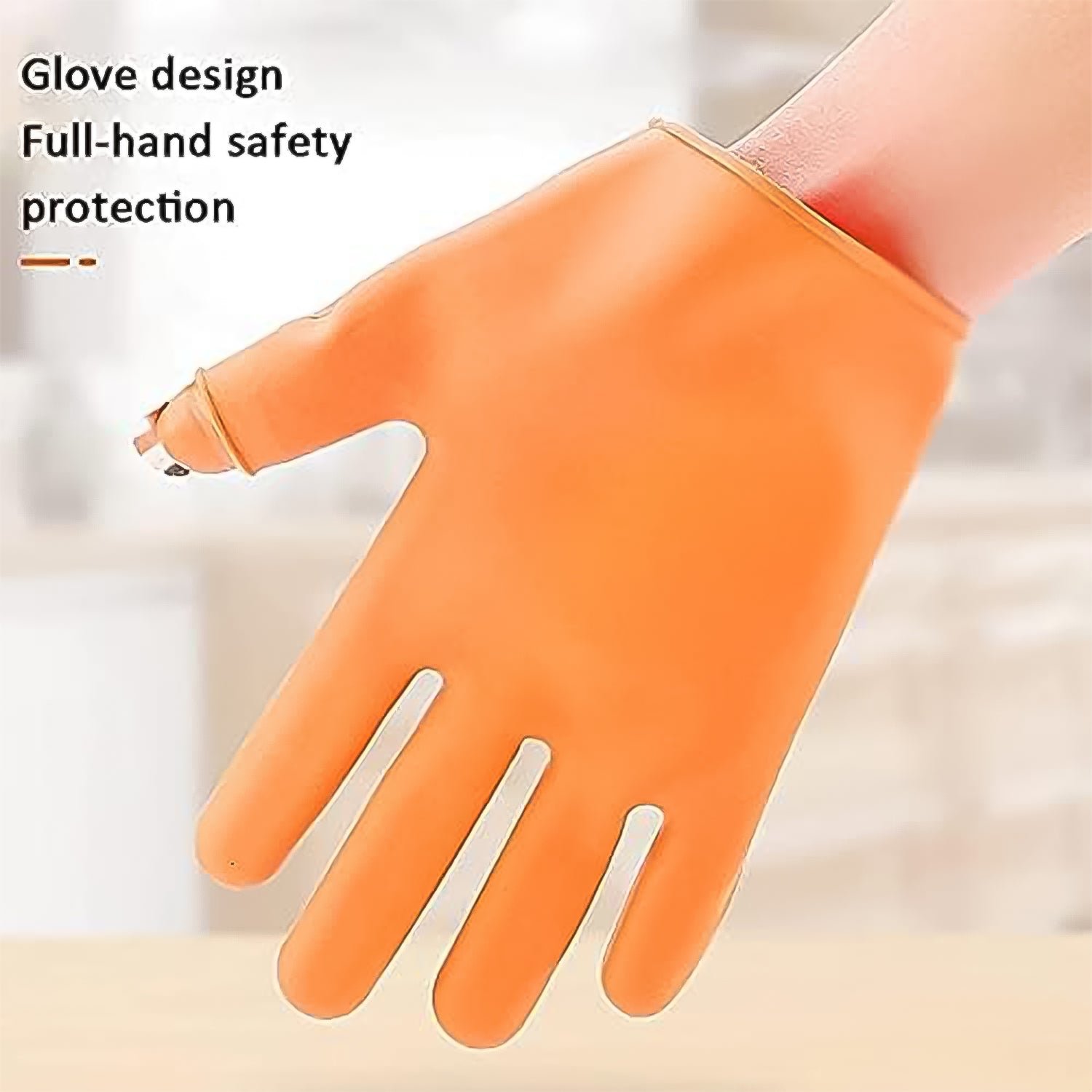 Hand wearing silicone thumb knife glove and finger protectors while slicing vegetables.