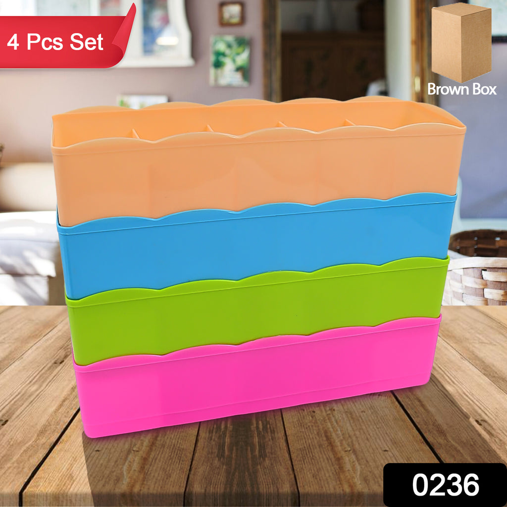 Four 5-compartment fabric storage boxes organize socks, underwear, and small apparel in drawers.
