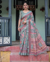 Women's Teal-Green Linen Saree with Floral & Paisley Print | Casual, Office & Festive Wear