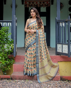Pure Linen Floral Print Women's Saree | Daytime & Office Wear by CLASSIC