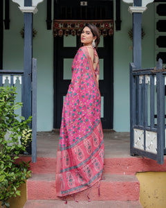Premium Pink Linen Floral Print Saree with Elegant Paisley Border