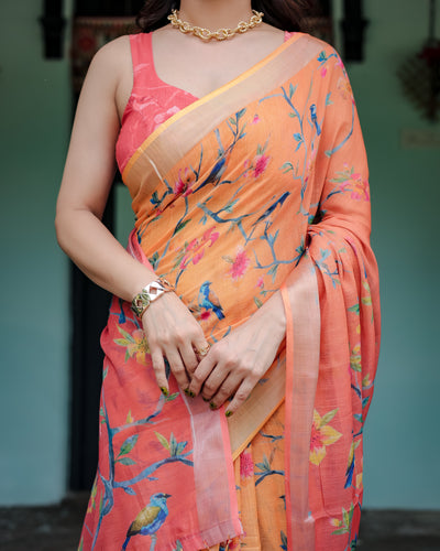 Premium Peach Orange Pure Linen Saree with Bird and Floral Print for Elegant Office and Daytime Wear