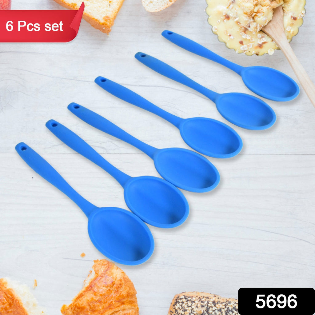 6-piece set of colorful heat-resistant non-stick silicone spoons for cooking, basting, and baking, displayed in a stand.