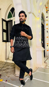 TRENDBUY Men's Black Silk Kurta Pyjama with Velvet Coti Set | Diwali & Party Wear