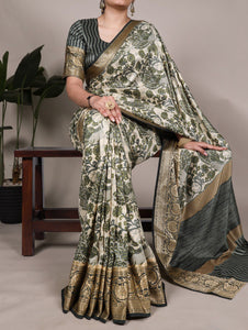 TRENDBUY Exquisite Printed Tasar Silk Saree with Viscose Border & Unstitched Blouse