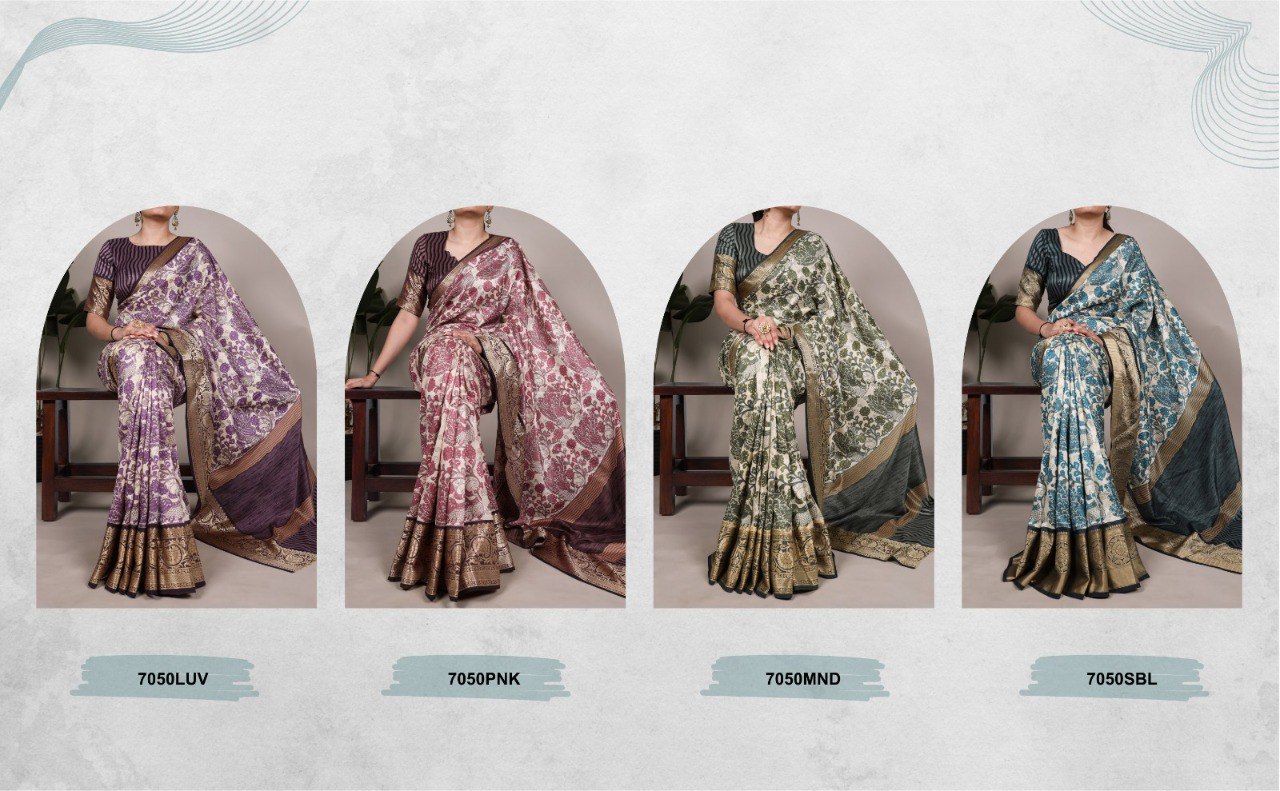 Collage of four TRENDBUY printed Tasar silk sarees in lavender, pink, mint green, and sky blue, showing different color options.