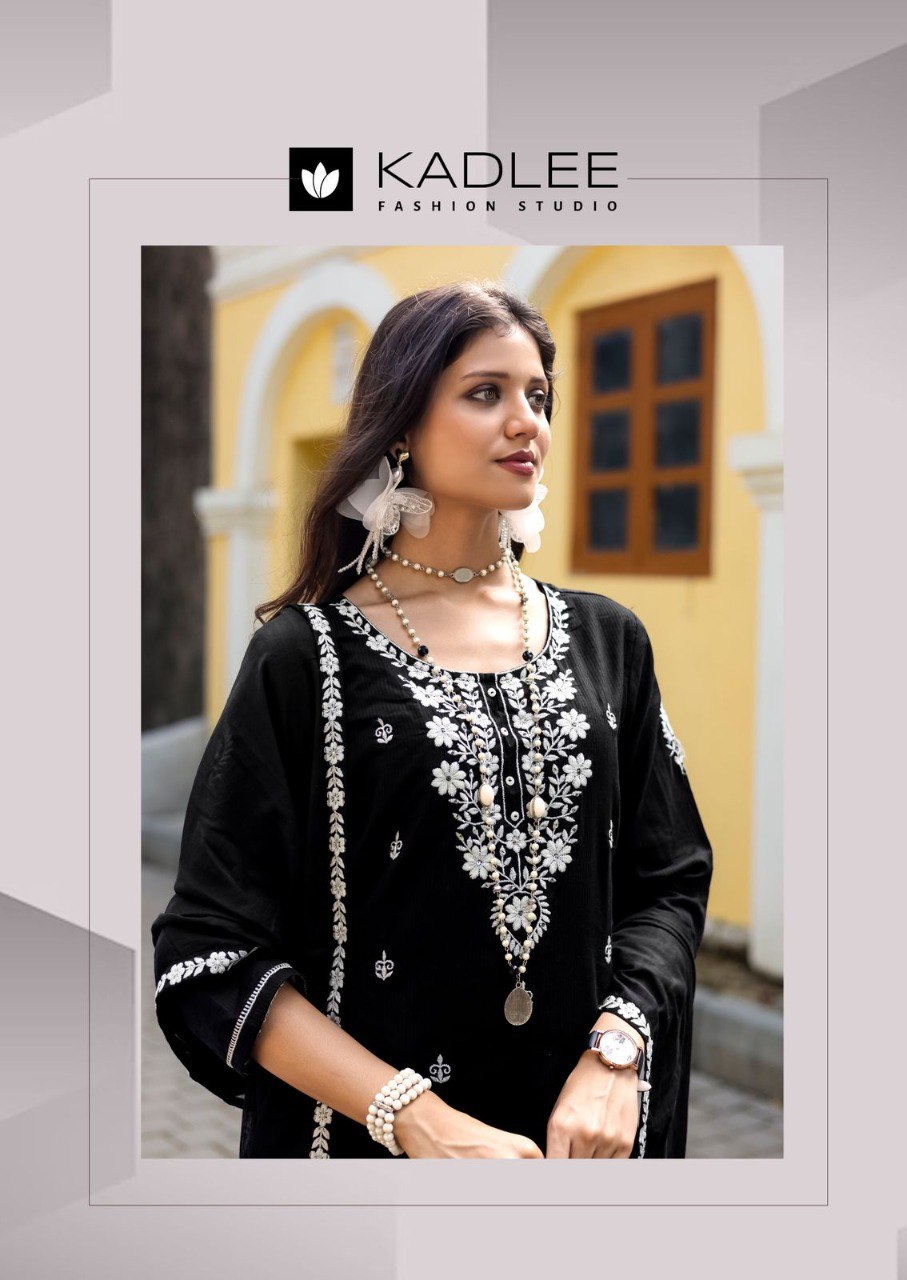 TRENDBUY Aarya Collection Black Salli Pure Cotton Kurta Set with intricate white hand and threadwork embroidery on neck and sleeves, close-up view