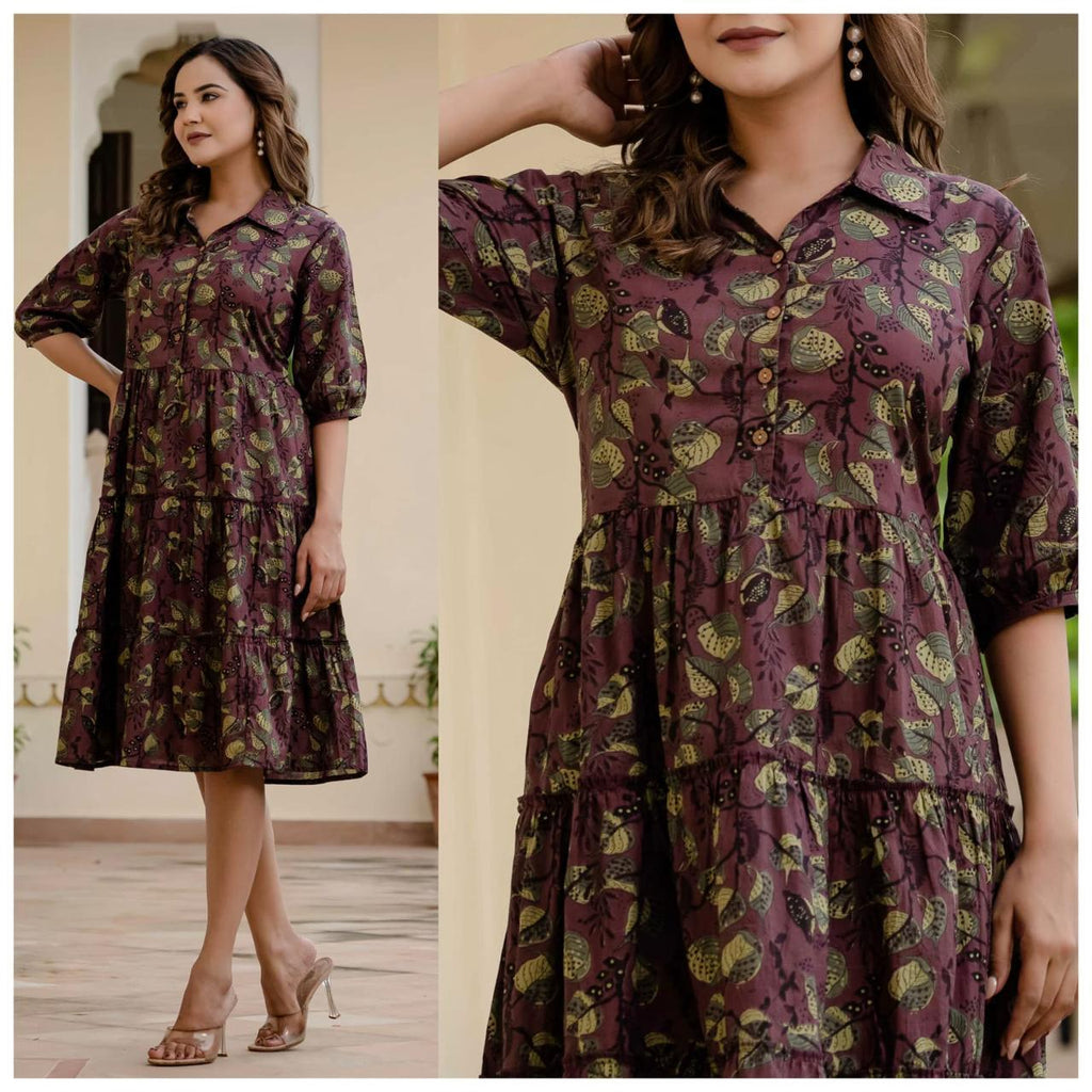 Elegant Floral Print Cotton Ruffle Midi Dress with Collar Neck by TRENDBUY