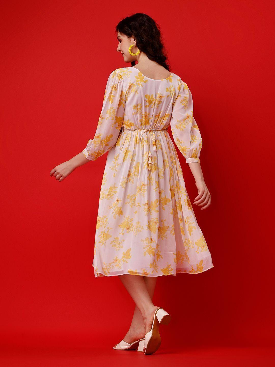 Georgette Printed Flared Midi Dress for Women - Plus Size in Yellow
