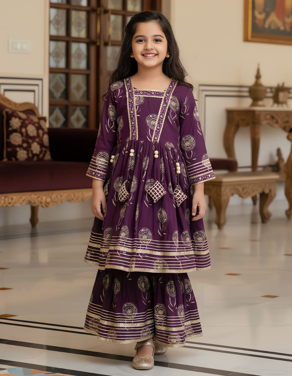 Smiling young girl posing in a vibrant purple ethnic kurta kediya and sharara set with gold print.