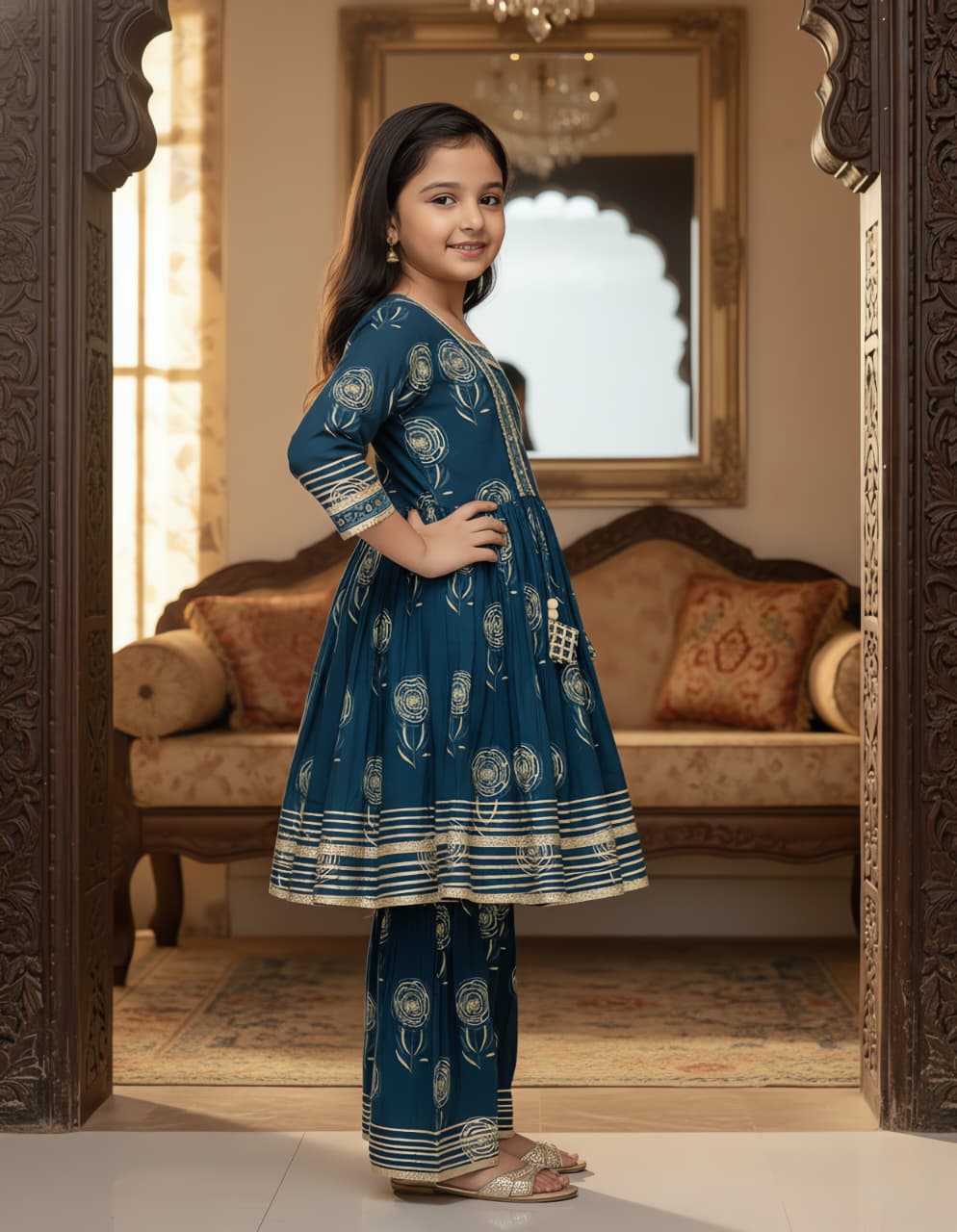 Young girl wearing a beautiful teal ethnic kurta kediya and sharara set with gold traditional print.