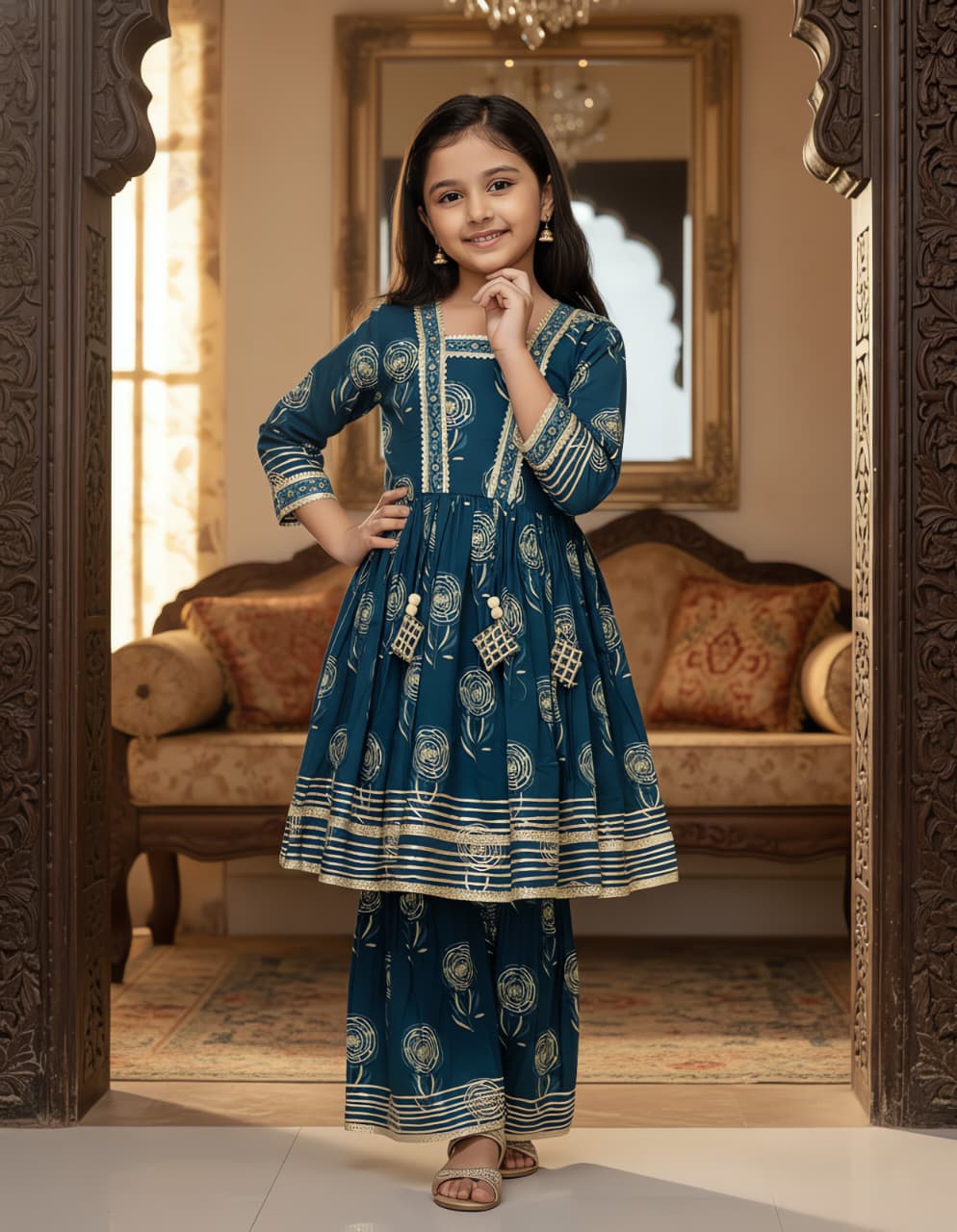 Close-up of a girl's face and upper body, showcasing the teal ethnic kurta kediya set's intricate gold print and comfortable fit.