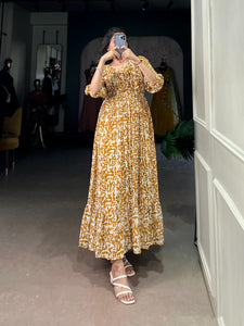 TRENDBUY Effortlessly Chic Georgette Printed Maxi Frock Dress with Ruffle Neck